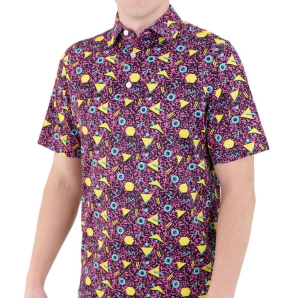 USA Palm Stretch Polo Golf Shirt | Retro Neon 90's Saved by The Bell Pattern | M
